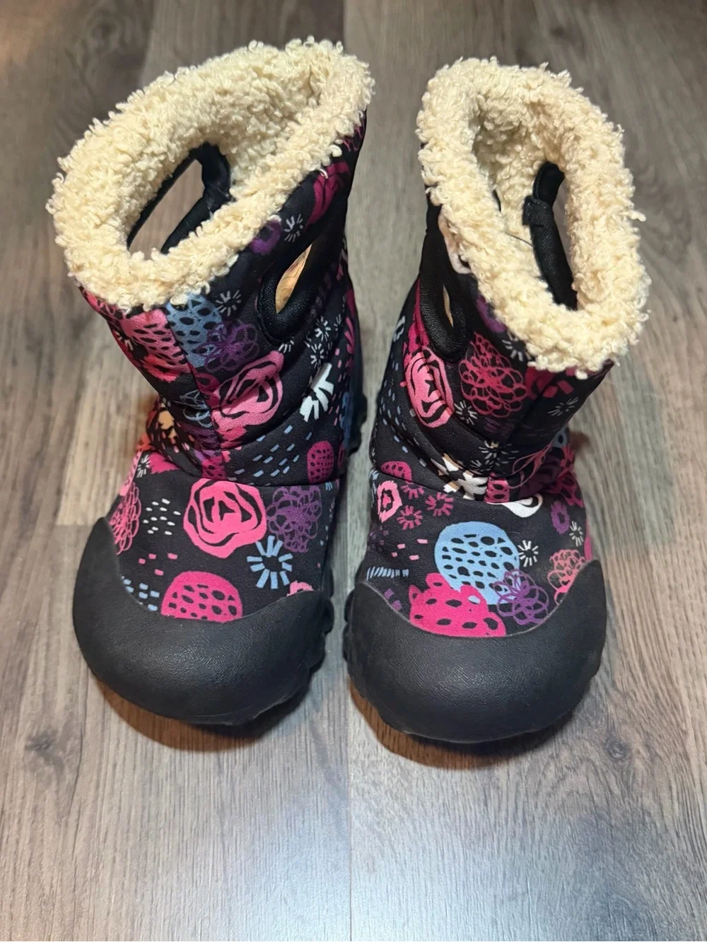Bogs Kids Black Floral Winter Boots with Fleece Lining